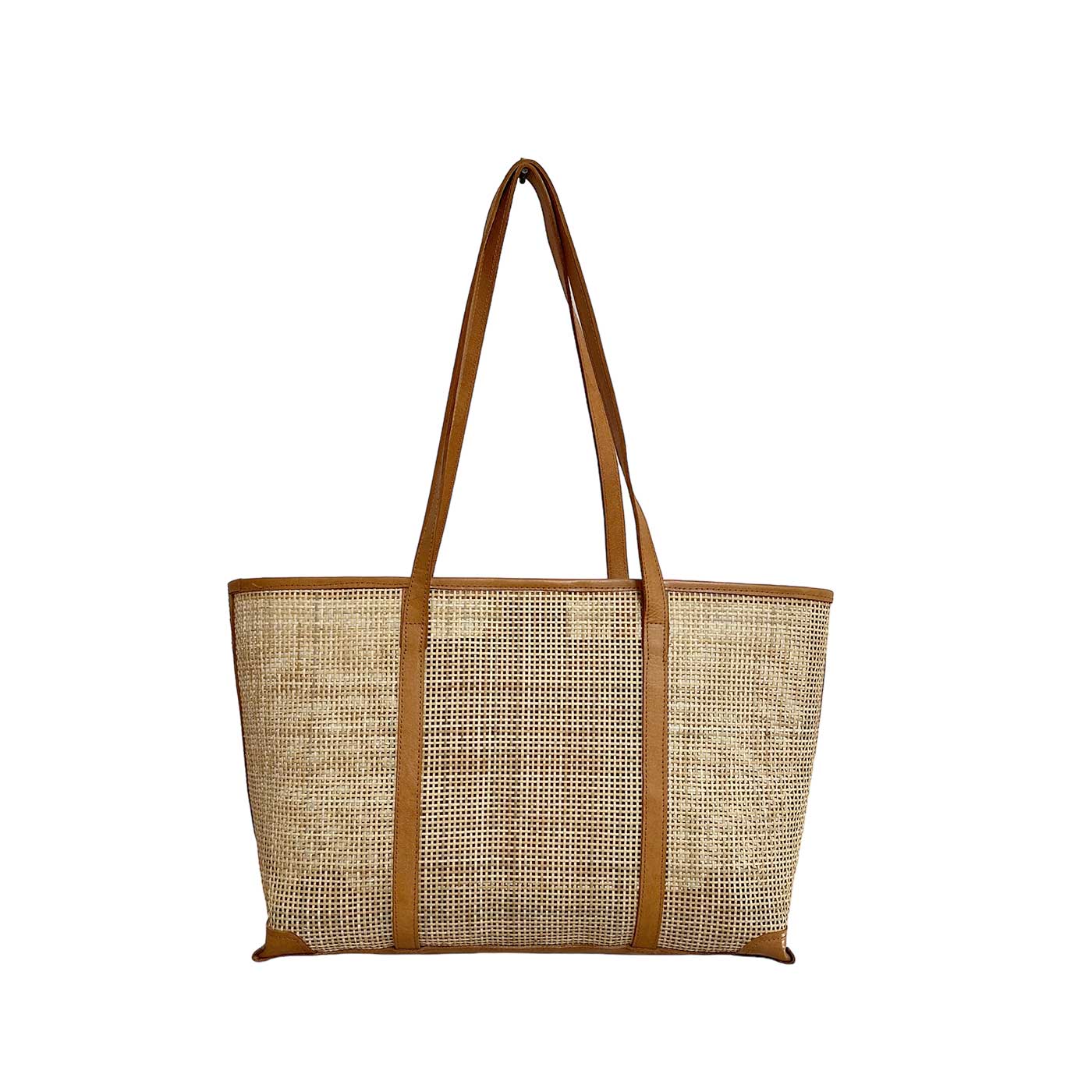 Mila Rattan and Leather Tote Bag - Tan Medium