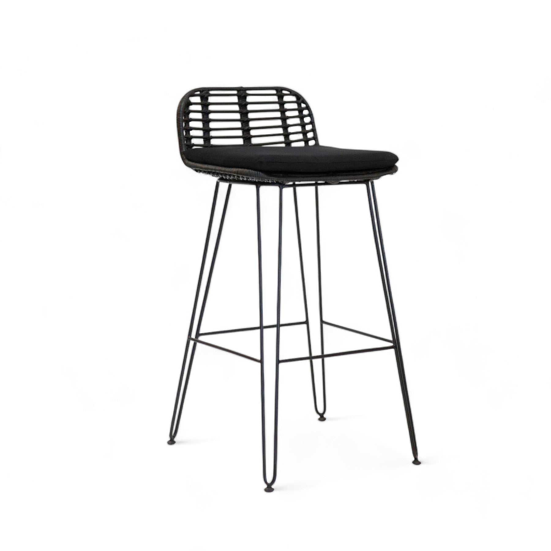 Nias Black Rattan Bar Stool with Hairpin Legs