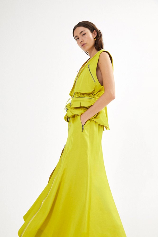 Parel Techno Drape Flared Skirt - Acid Yellow