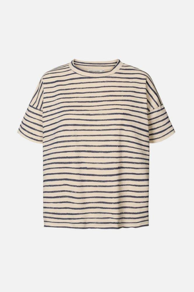 Margot Light Stretch Cropped Tee - Oyster Navy Stripe - Rabens Saloner