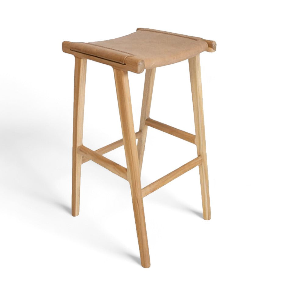 Tan Leather and Teak Scandi Bar Stool