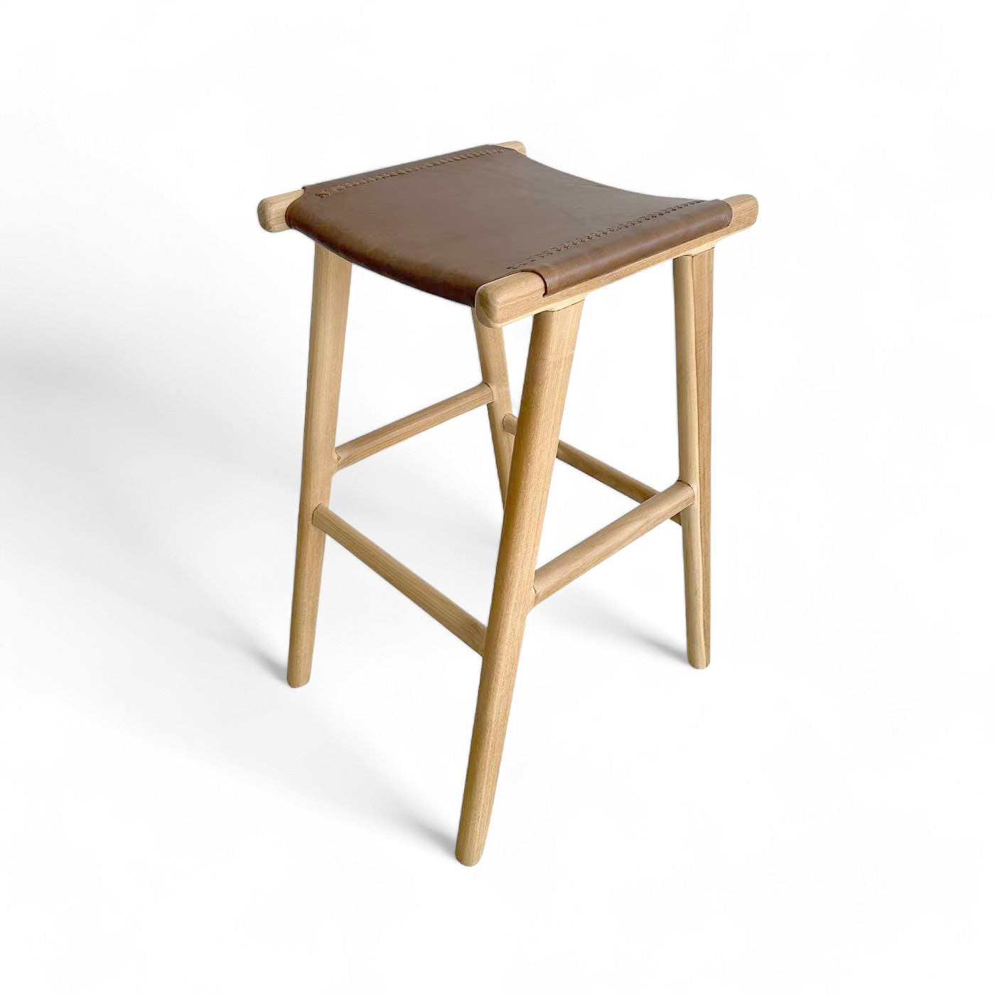 Tan Leather and Teak Scandi Bar Stool