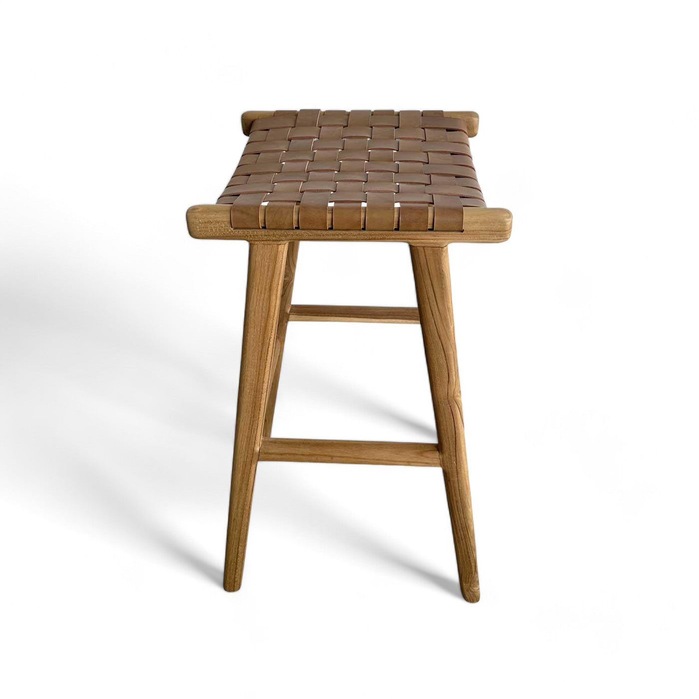 Tan Woven Leather and Teak Scandi Bar Stool