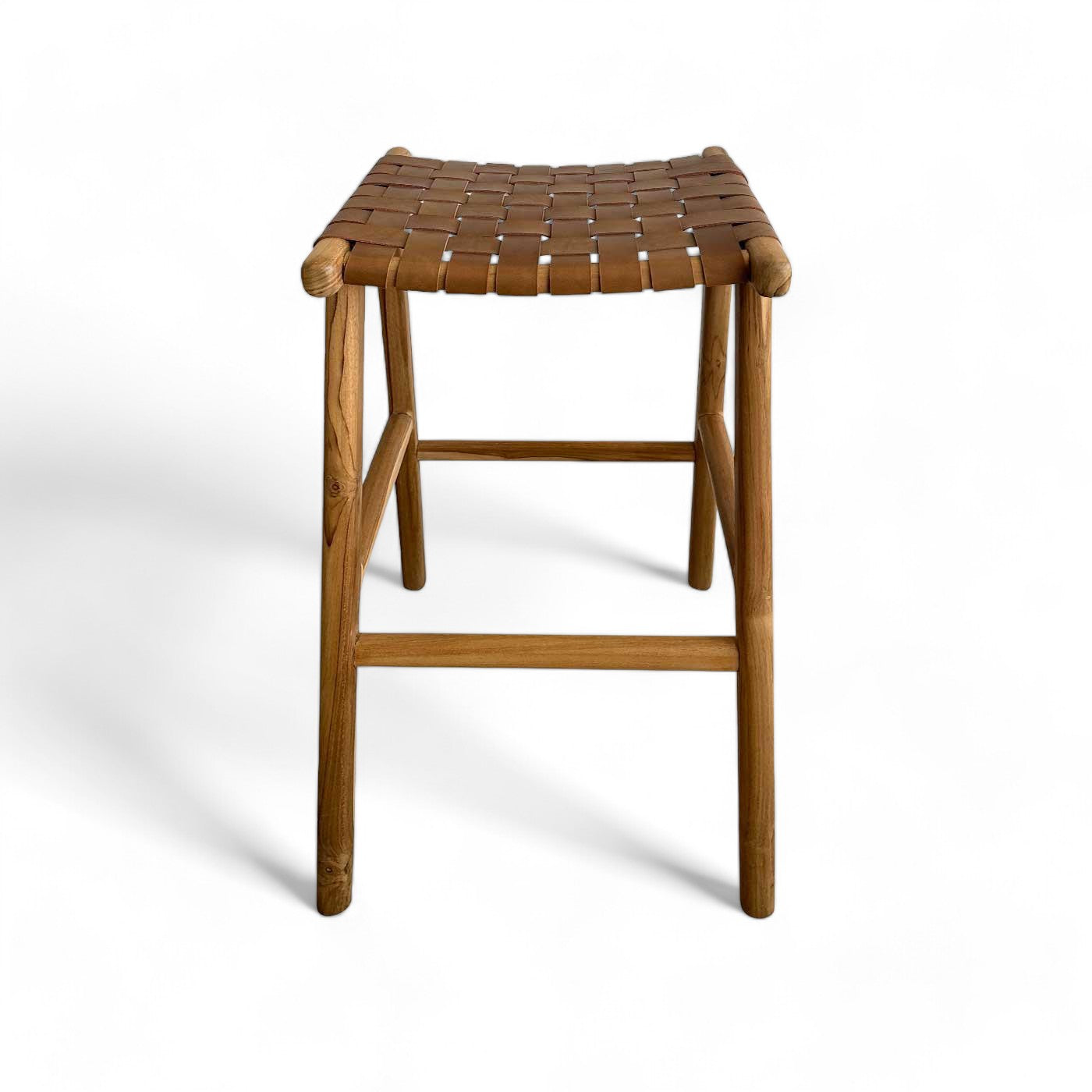 Tan Woven Leather and Teak Scandi Bar Stool