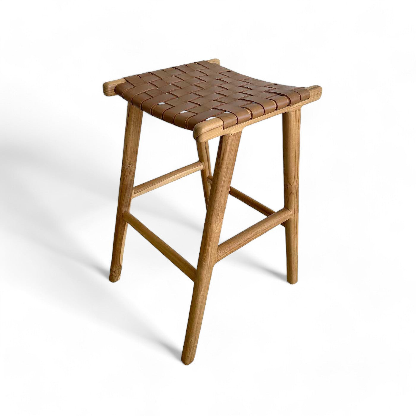 Tan Woven Leather and Teak Scandi Bar Stool