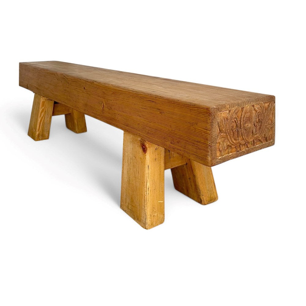 Thick Pine Bench w Carved Ends