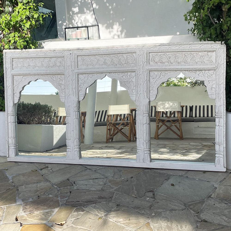 Triple Arch Carved Indian Mirror - White