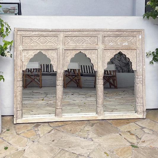 Triple Arch Carved Indian Mirror - White