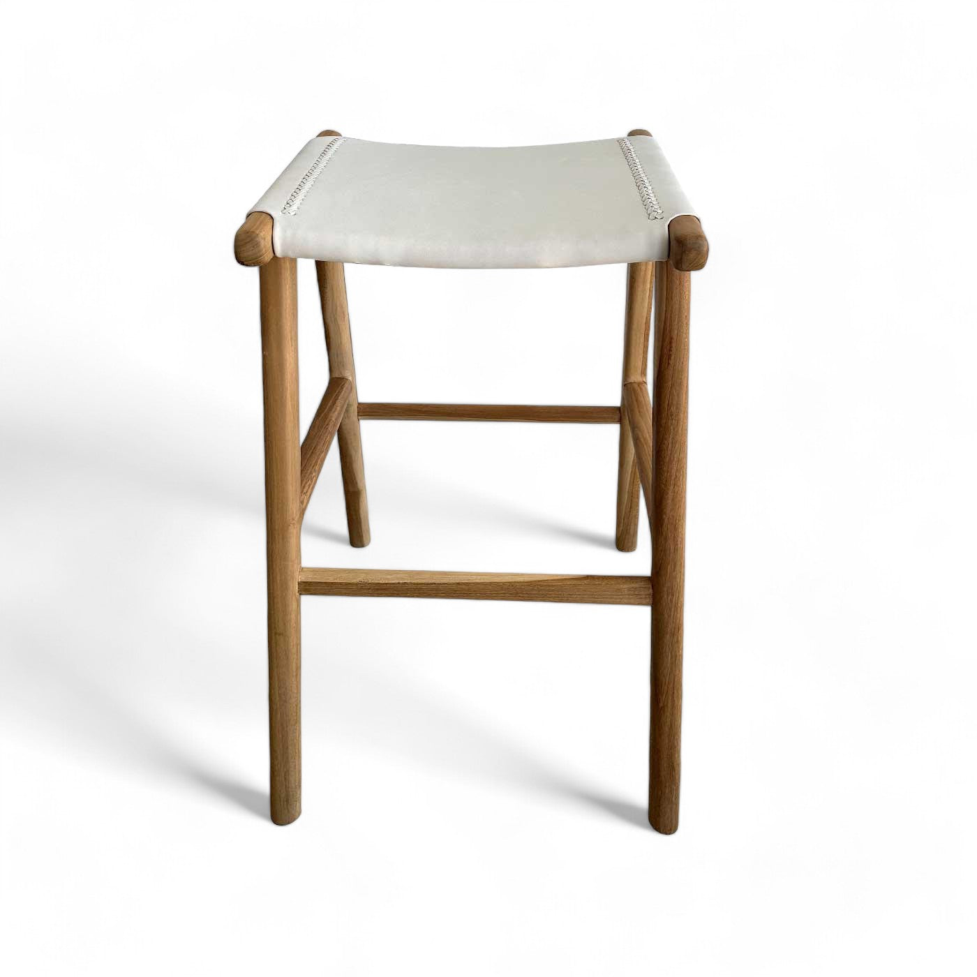 White Leather and Teak Scandi Bar Stool