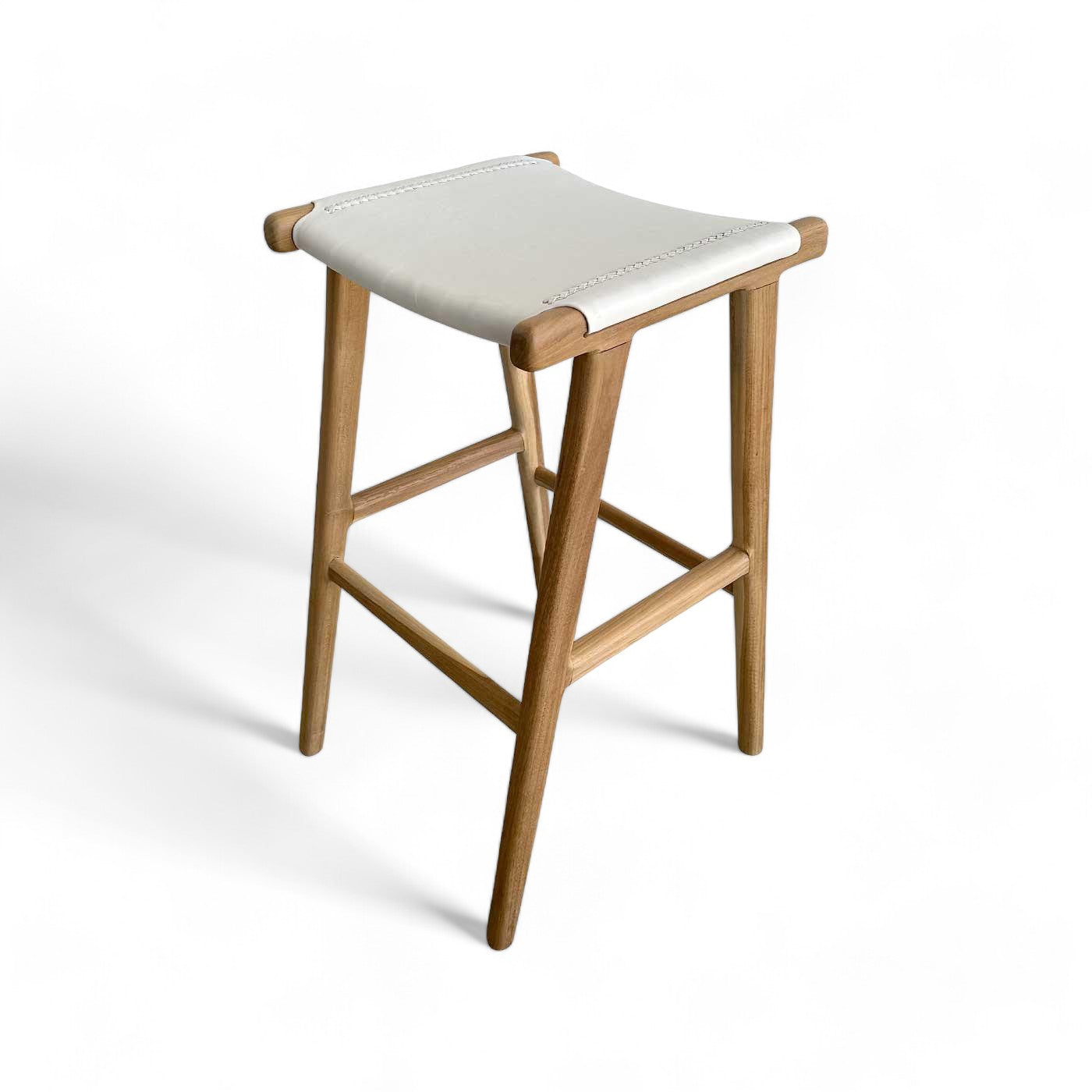 White Leather and Teak Scandi Bar Stool