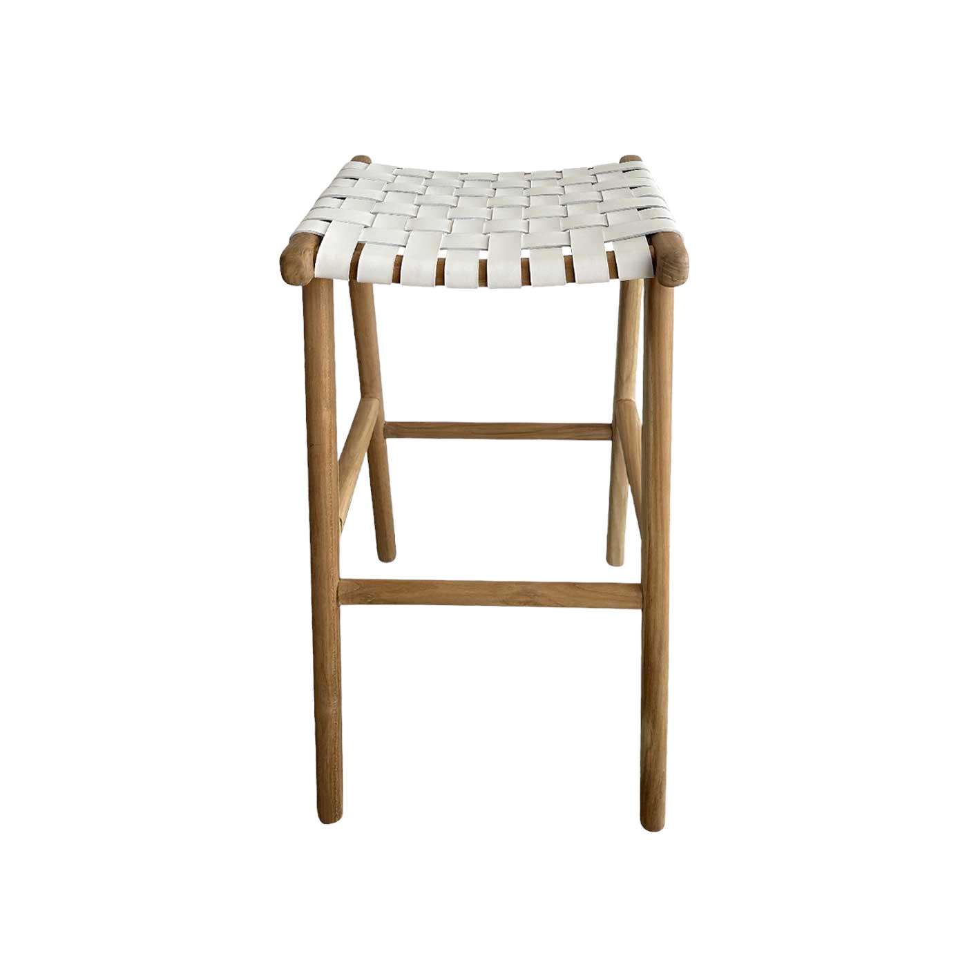 White Woven Leather and Teak Scandi Bar Stool