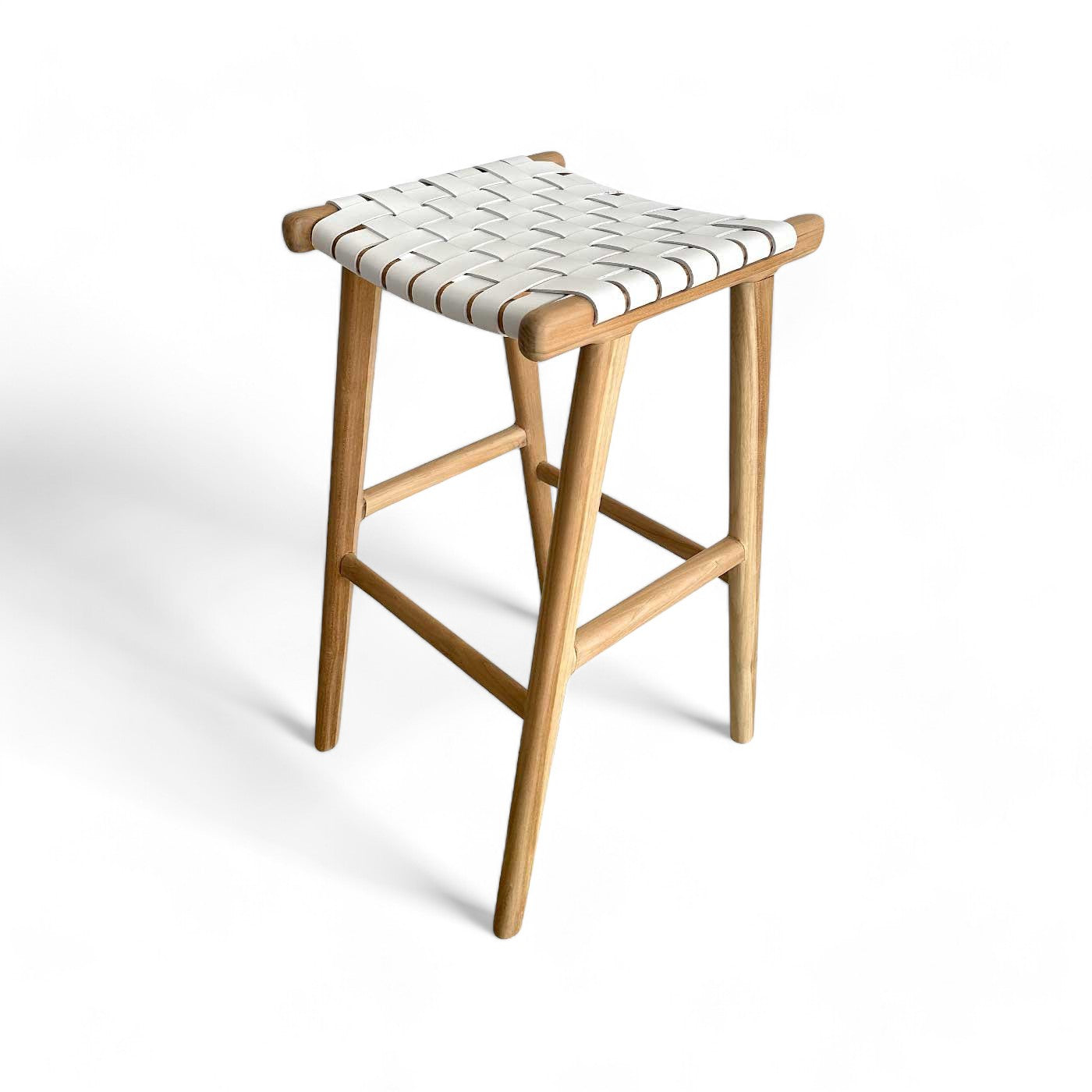 White Woven Leather and Teak Scandi Bar Stool