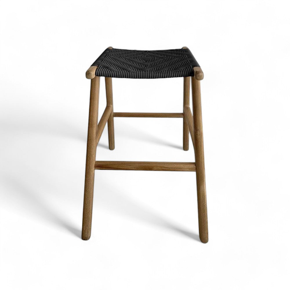 Woven Black Synthetic Rattan & Teak Patio Bar Stool