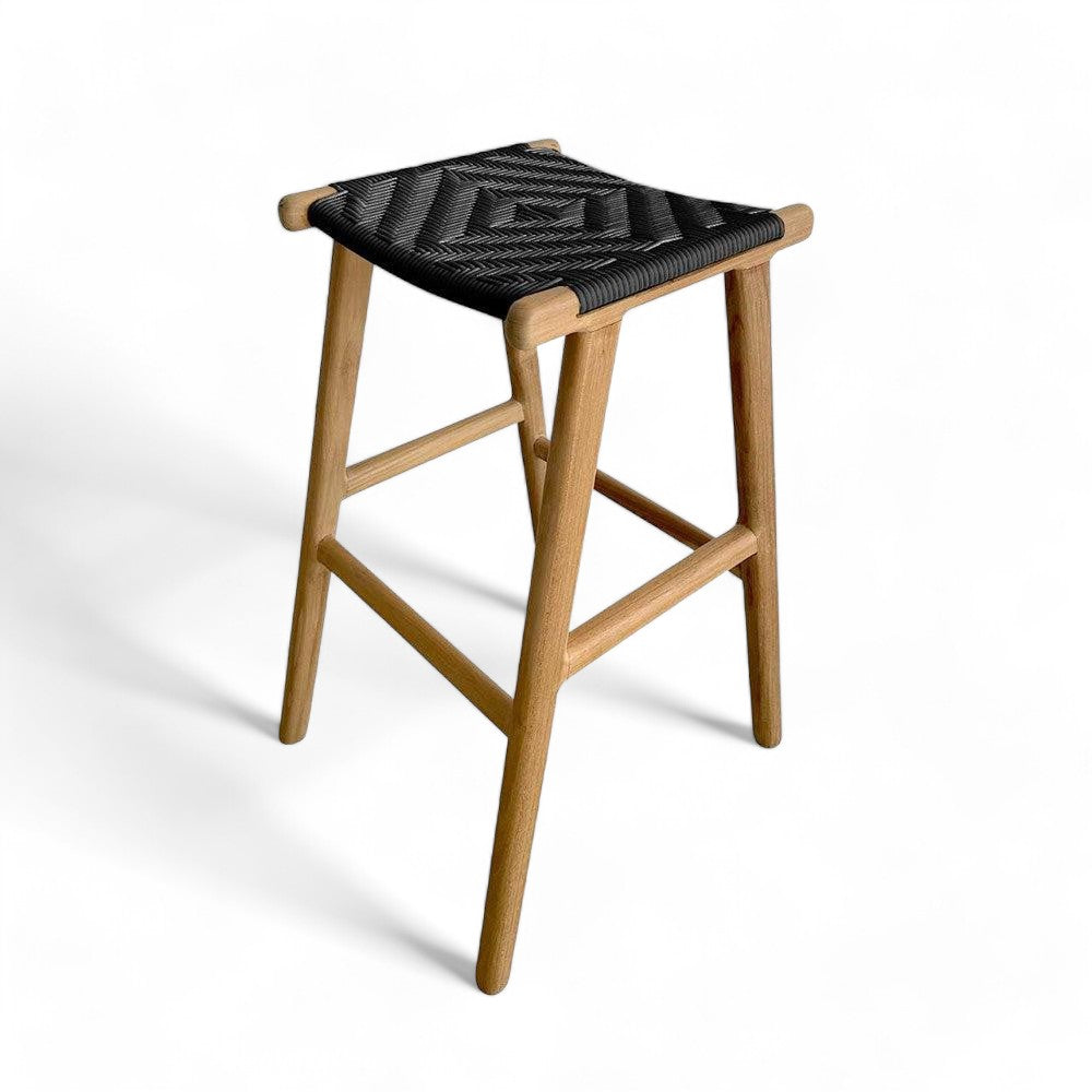 Woven Black Synthetic Rattan & Teak Patio Bar Stool